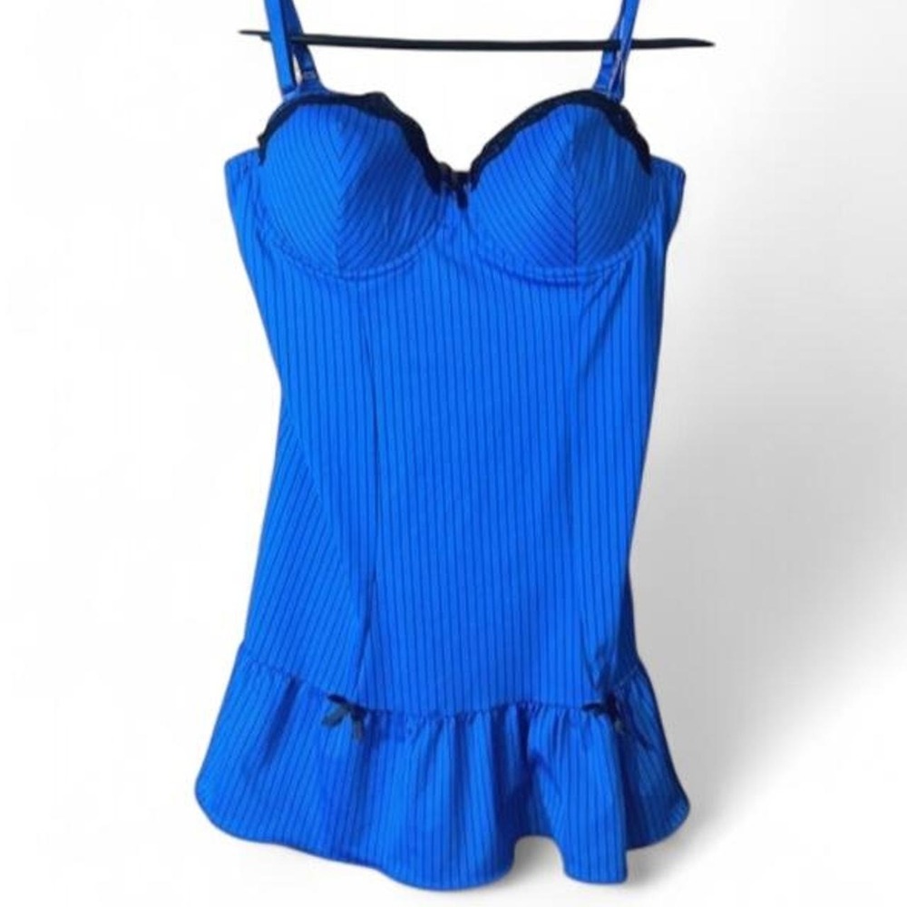 Vintage Royal Blue Pinstripe Bustier Corset Camisole Top 36C Black Lace Trim